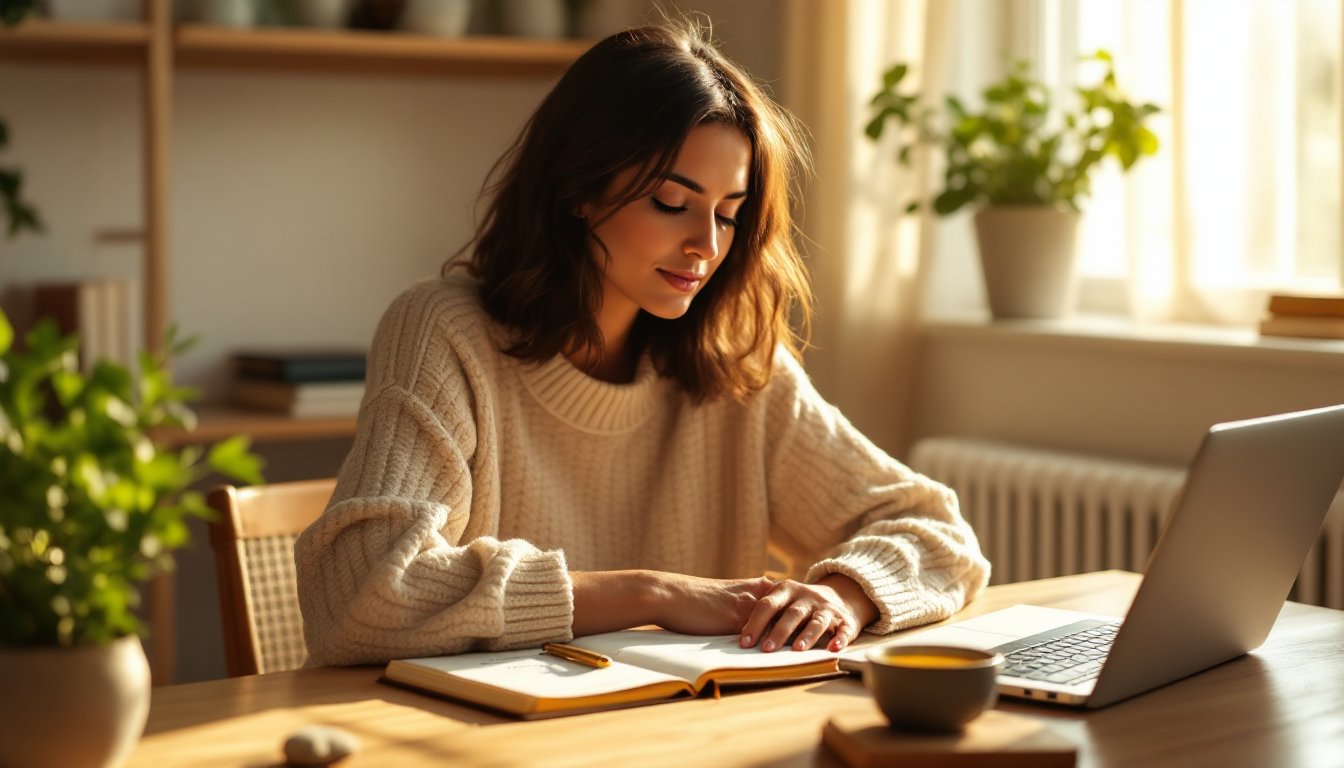 A woman pausing mindfully at a sunlit desk with tea and a journal.