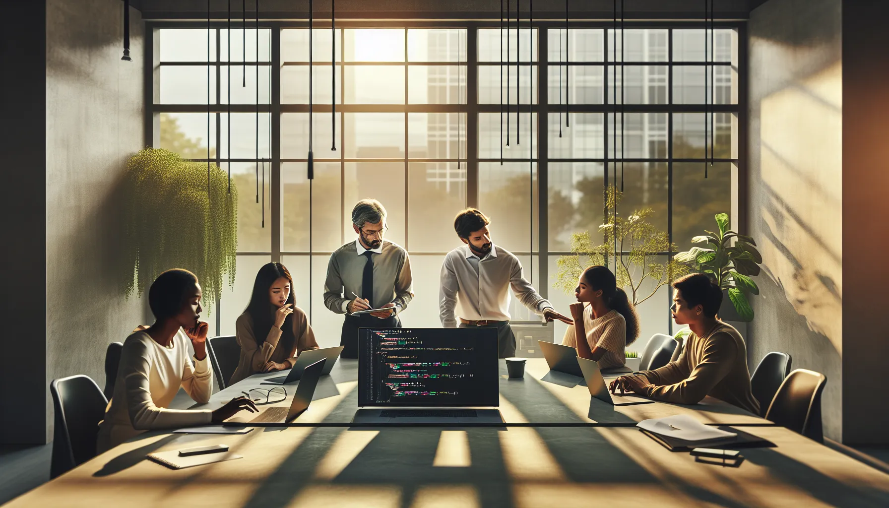 diverse team discussing Python code in a modern office.