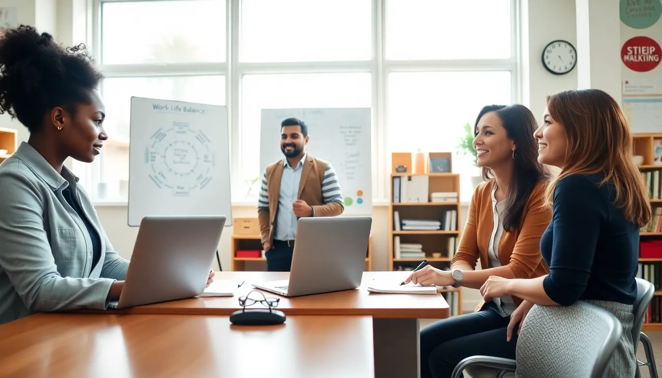 teachers discussing work-life balance in a bright classroom setting.