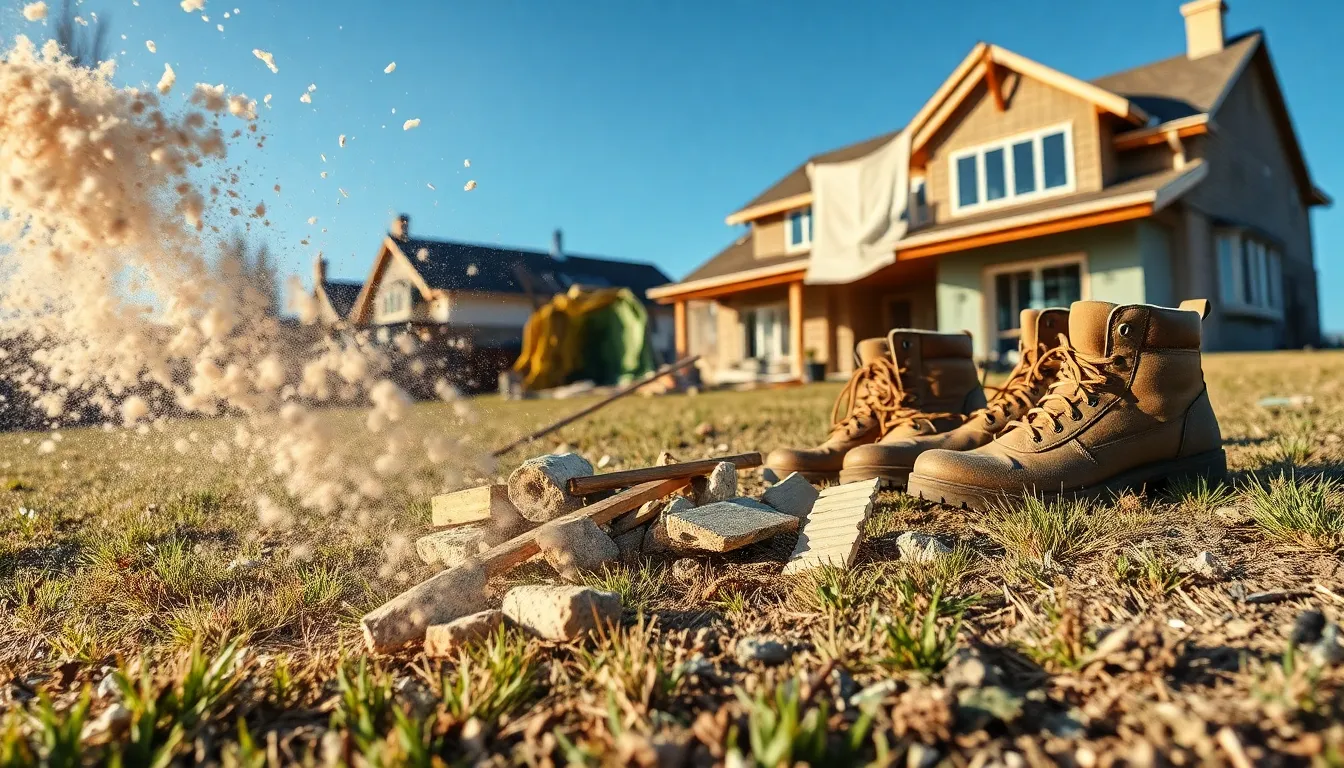 construction debris and dust in a residential renovation site.