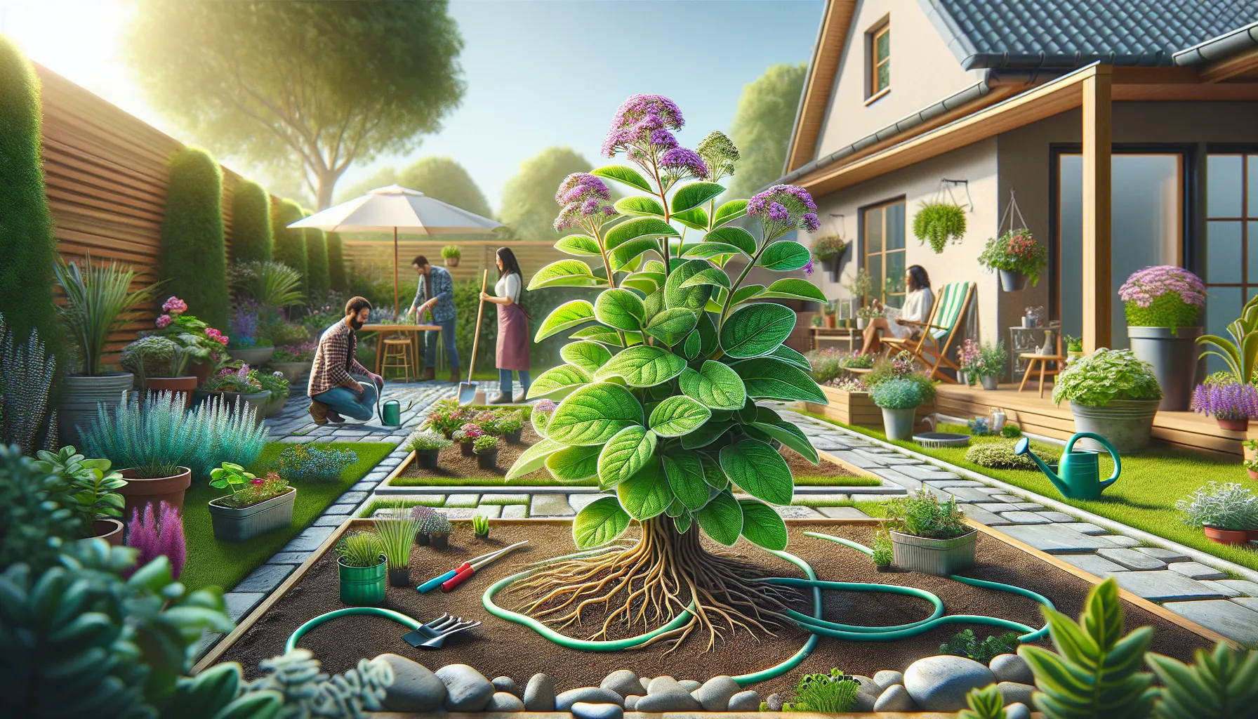 diverse gardeners caring for thriving Bogendelia plants in a garden setting.