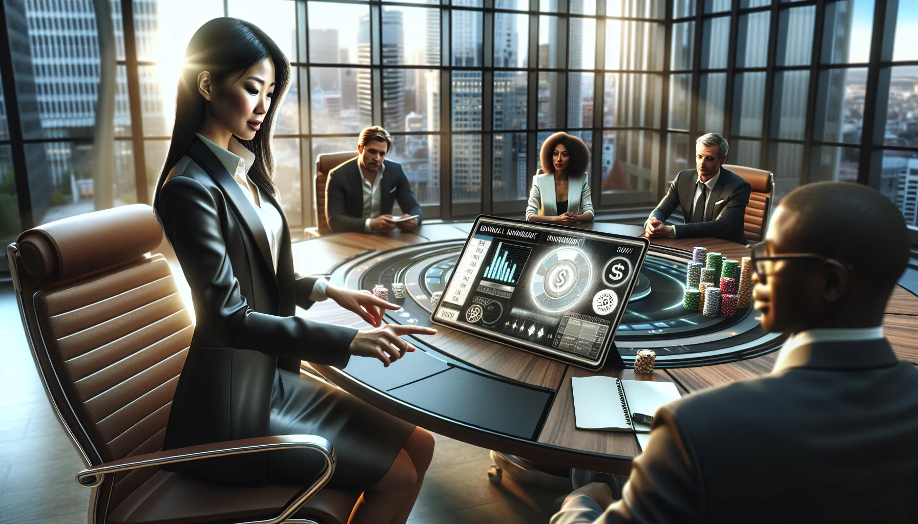 professionals discussing bankroll management in a modern office setting.