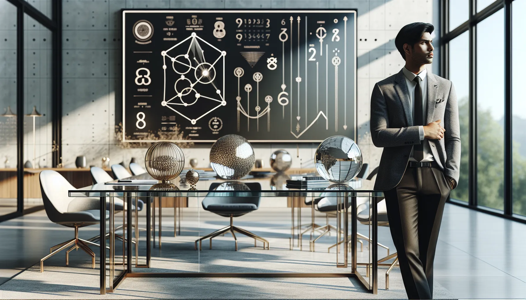 A professional contemplating the significance of the number 8 in a modern office.