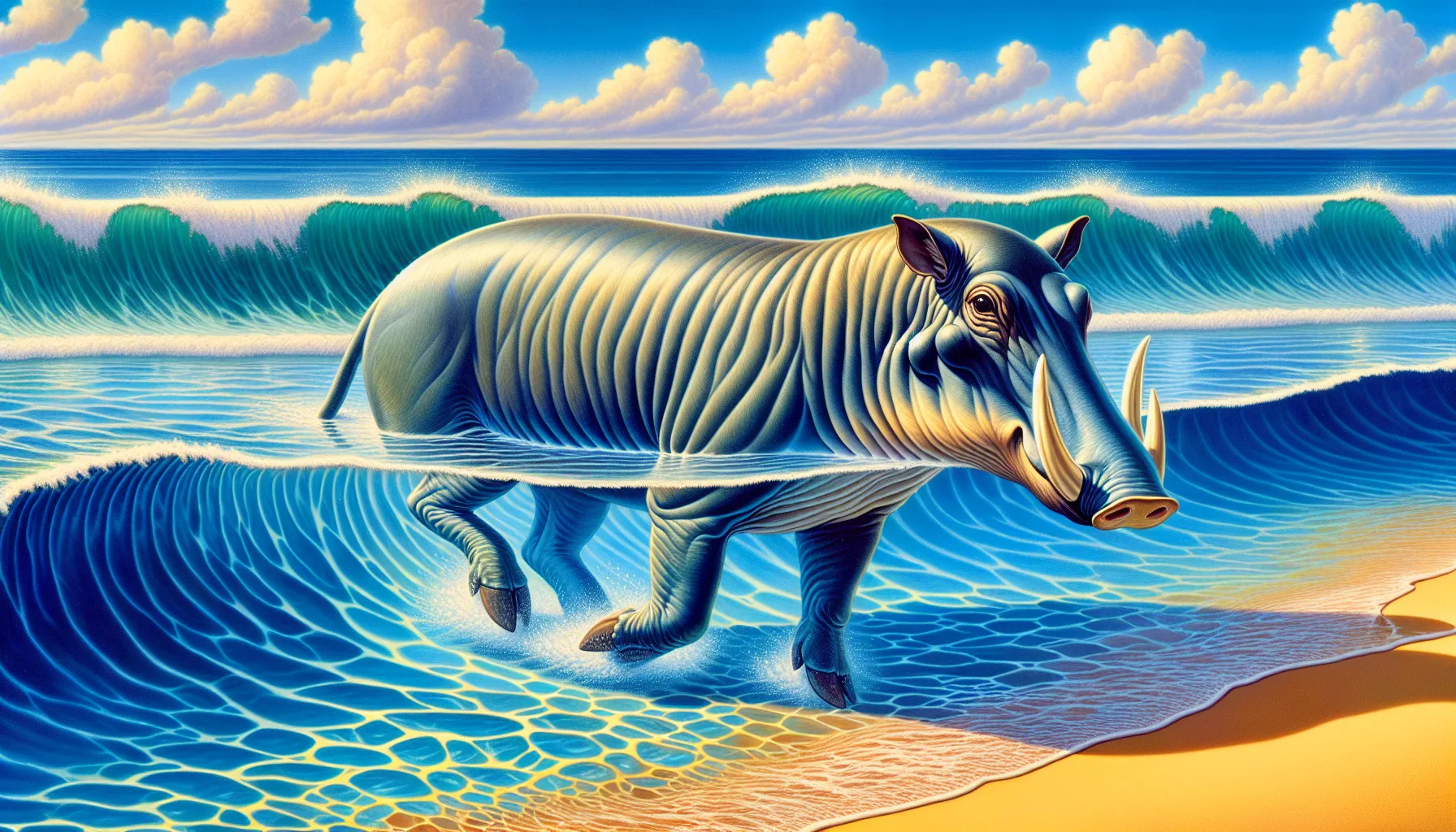 surf boar swimming in clear ocean waters near the shore.