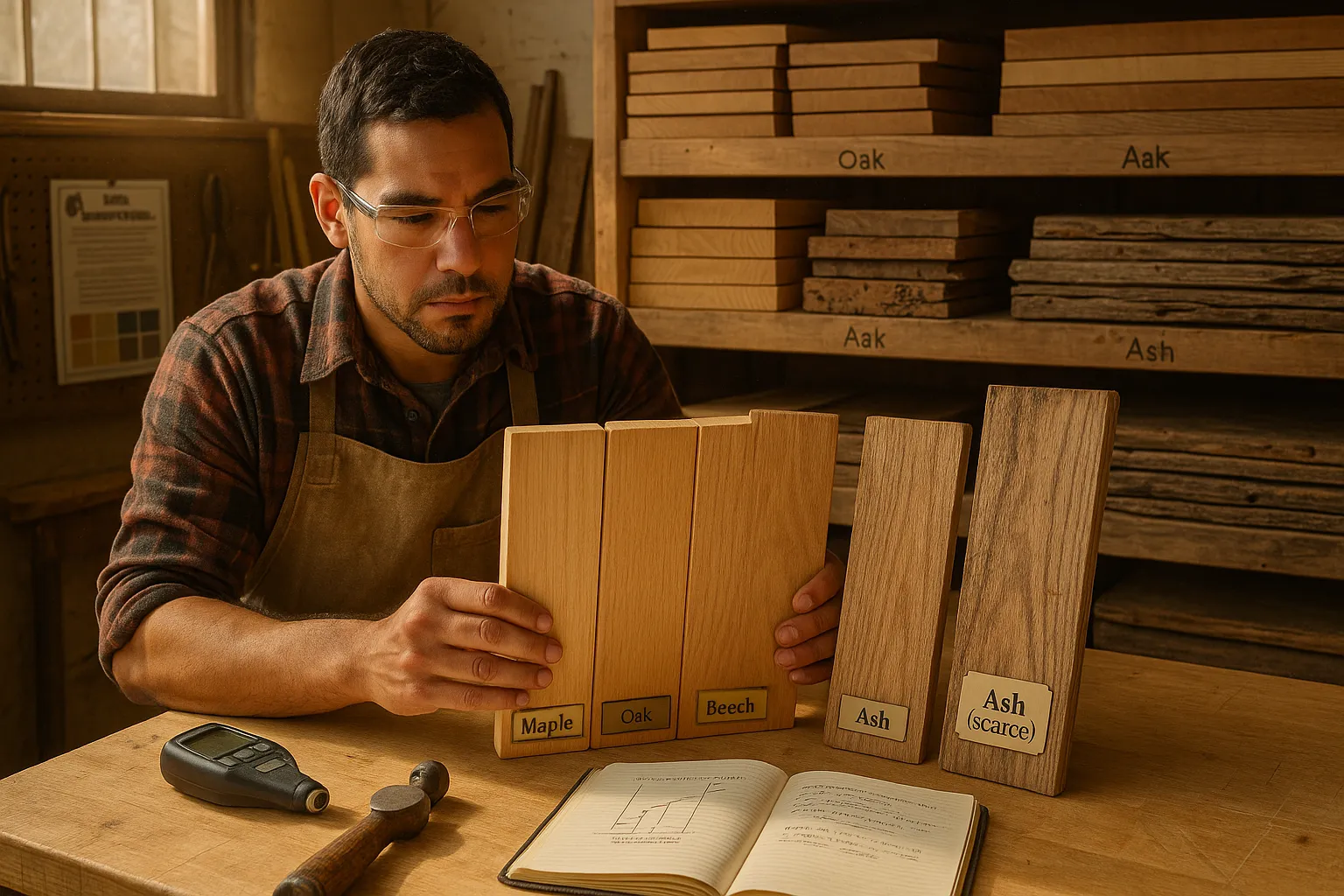 Woodworker comparing maple, oak, and beech boards to a scarce ash board.