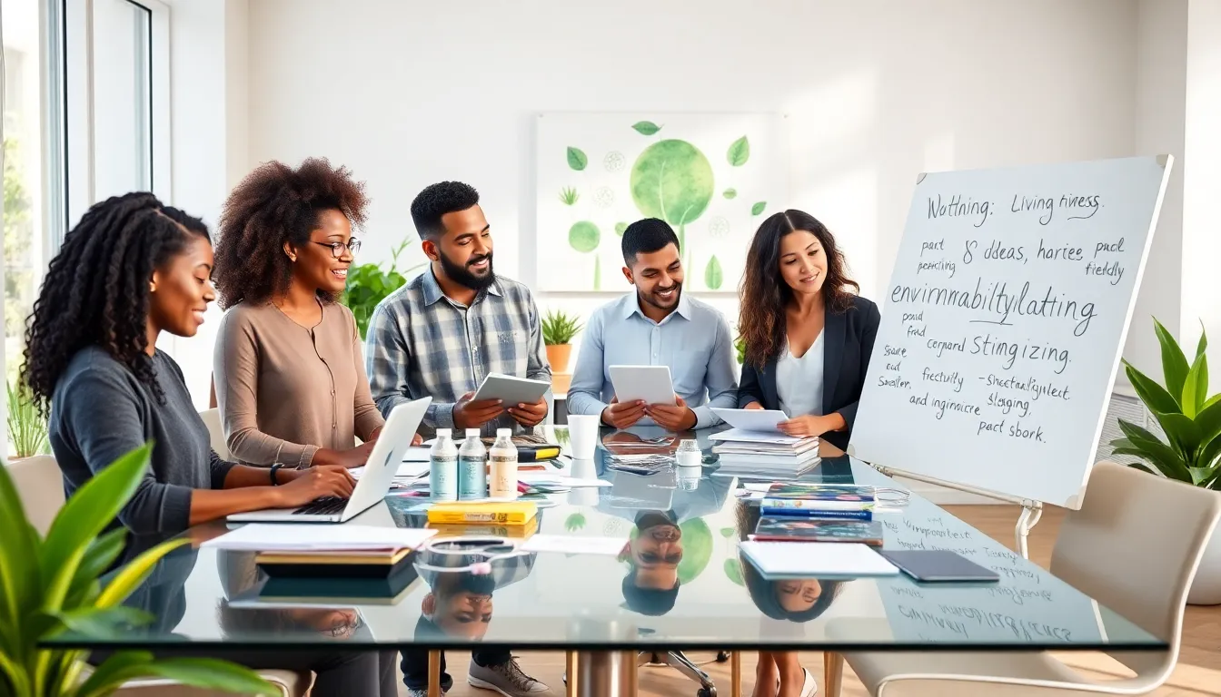 diverse professionals collaborating on eco-friendly blog content.