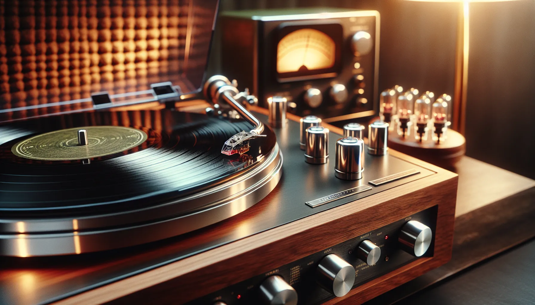 Close-up stylus on vinyl with glowing tube preamp in a norwegian room.