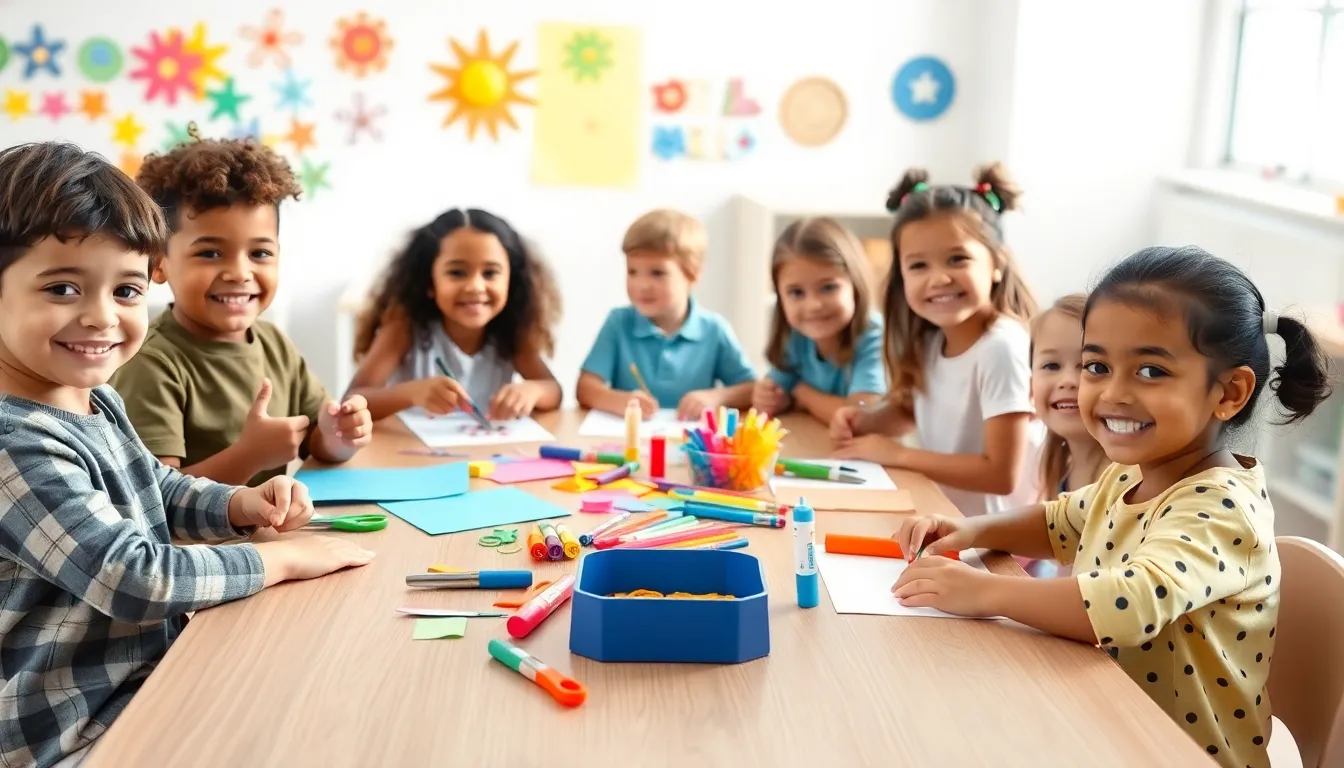 children enjoying crafting activities in a vibrant classroom setting.