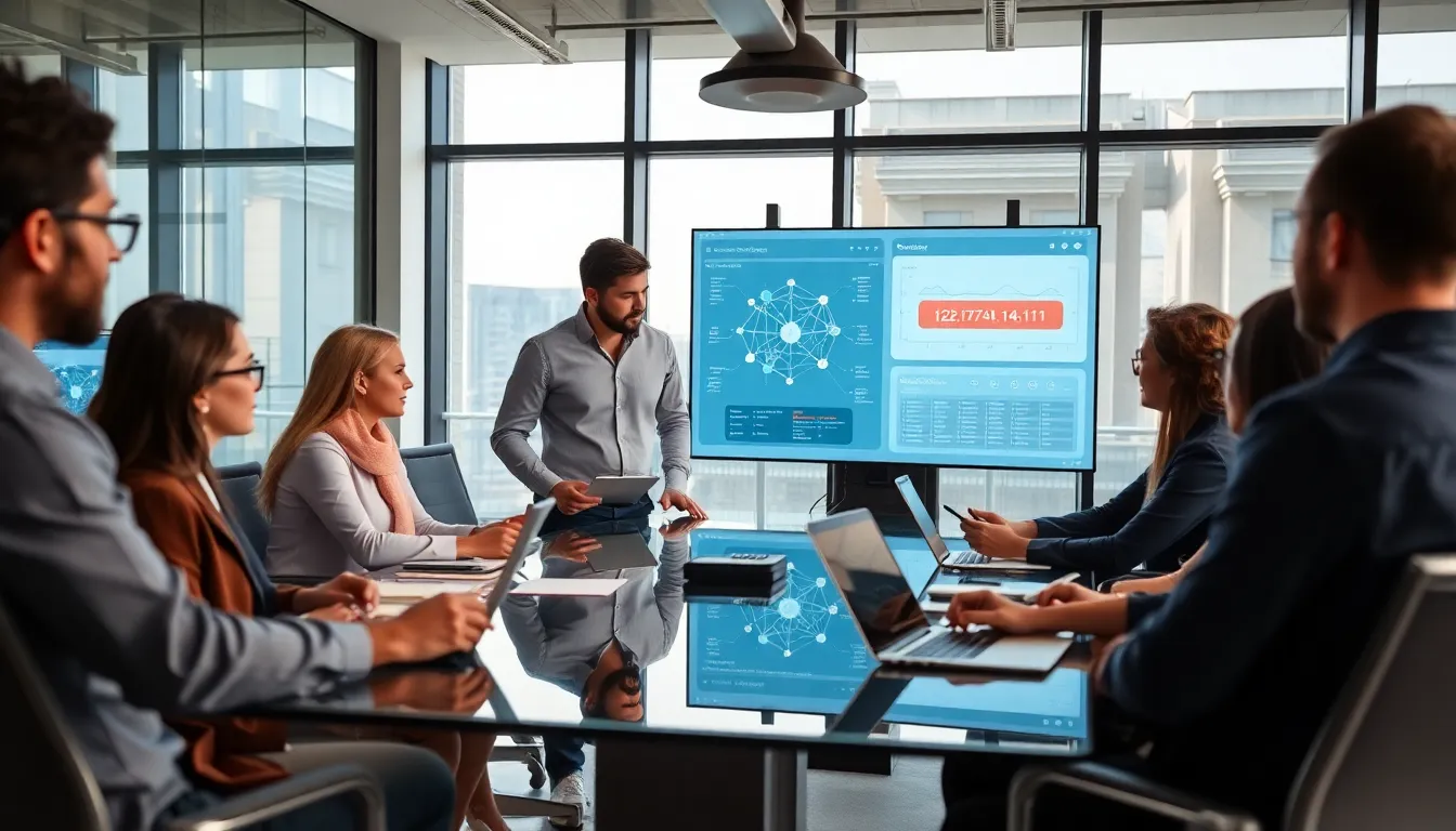 IT professionals discussing network IP addresses in a modern office.