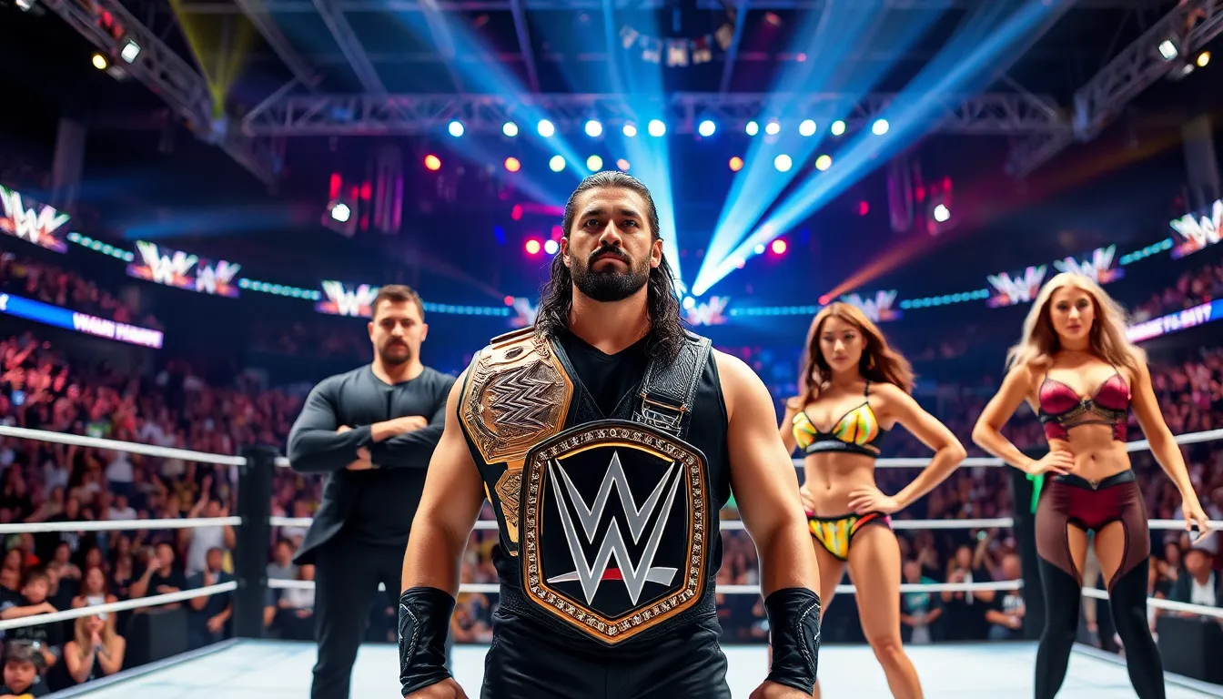 Roman Reigns and diverse wrestlers in a vibrant WWE arena.