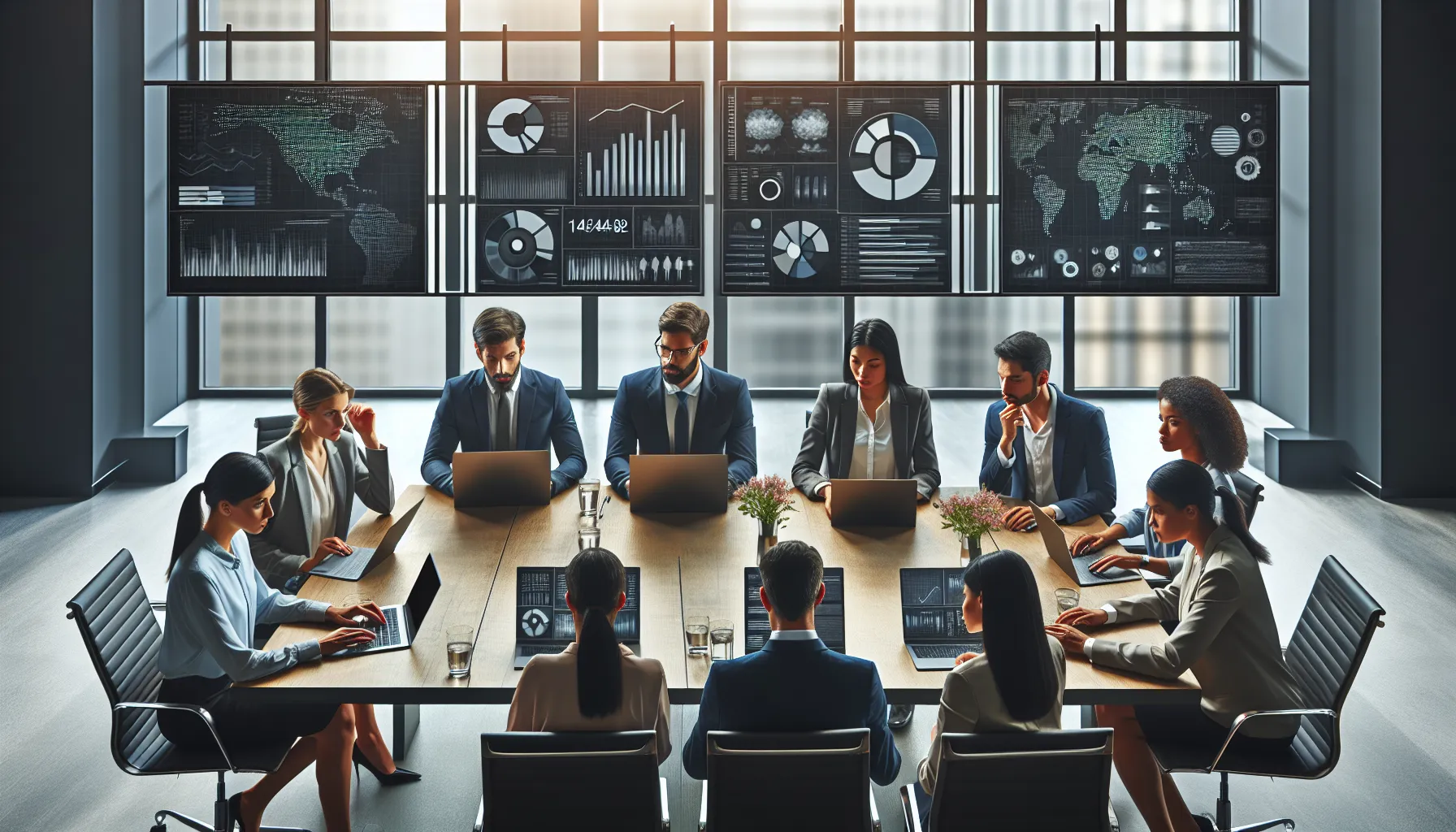 diverse analysts discussing numerical patterns in a modern office.