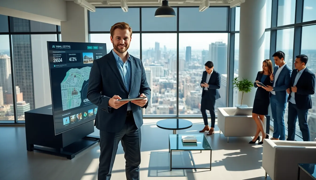 a real estate agent using a tablet in a modern office with technology.