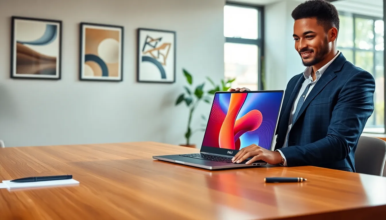 professional demonstrating Dell laptop in a modern workspace.