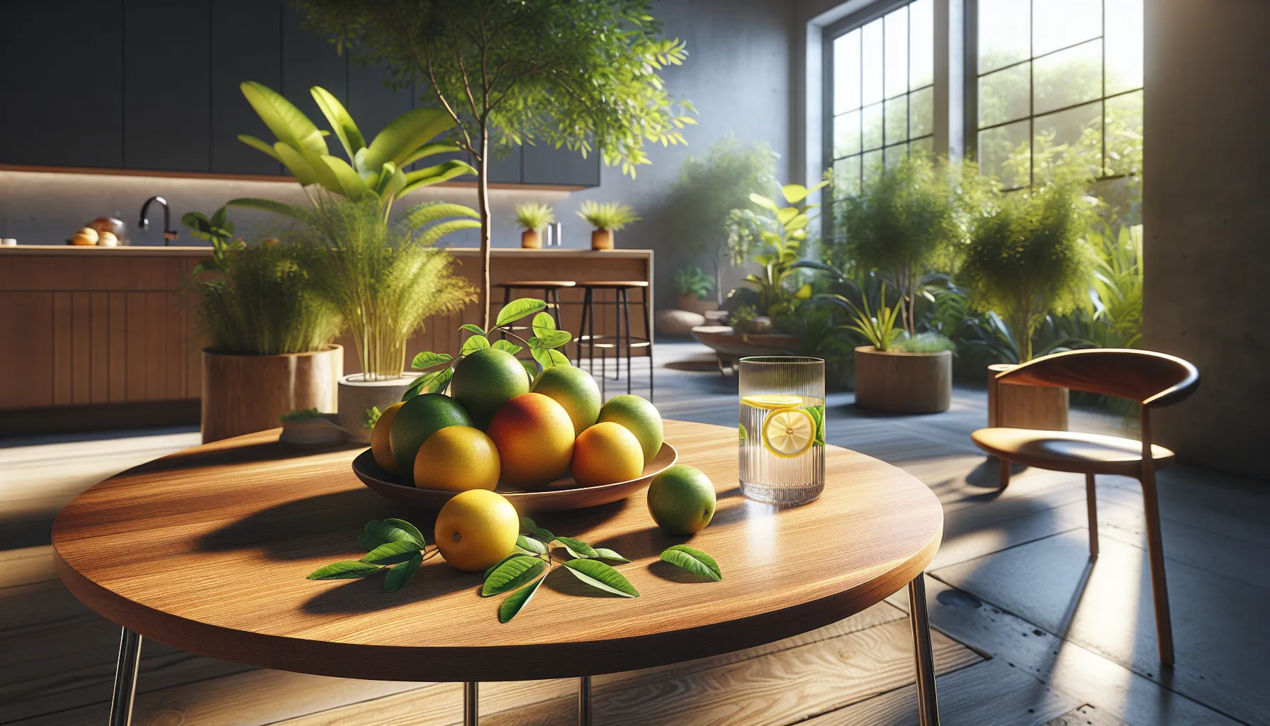 fresh doumneh fruits on a wooden table in a modern kitchen.