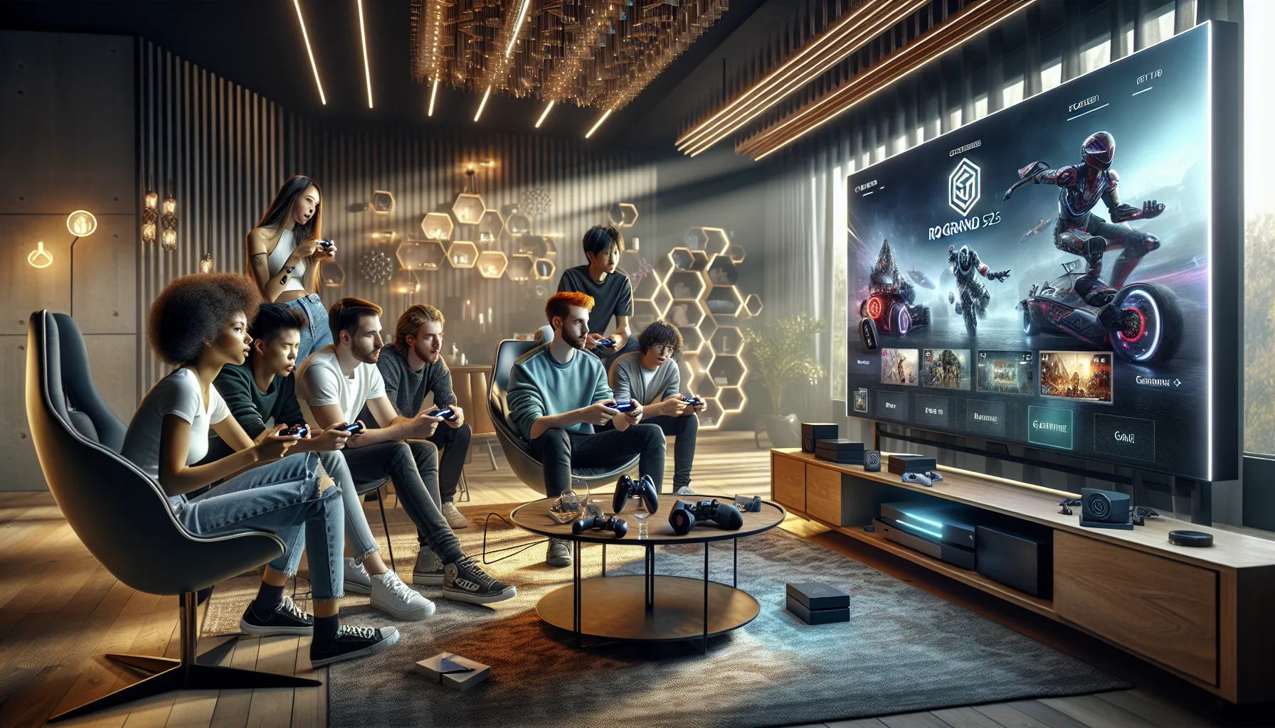 group of friends enjoying gaming together in a cozy living room.