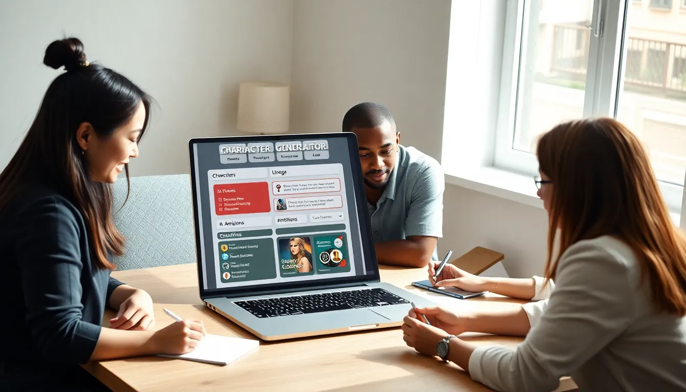 diverse gamers collaborating around a laptop displaying a character generator.
