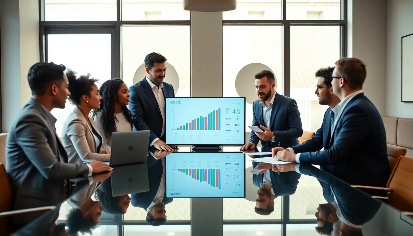 diverse professionals collaborating in a modern real estate office setting.