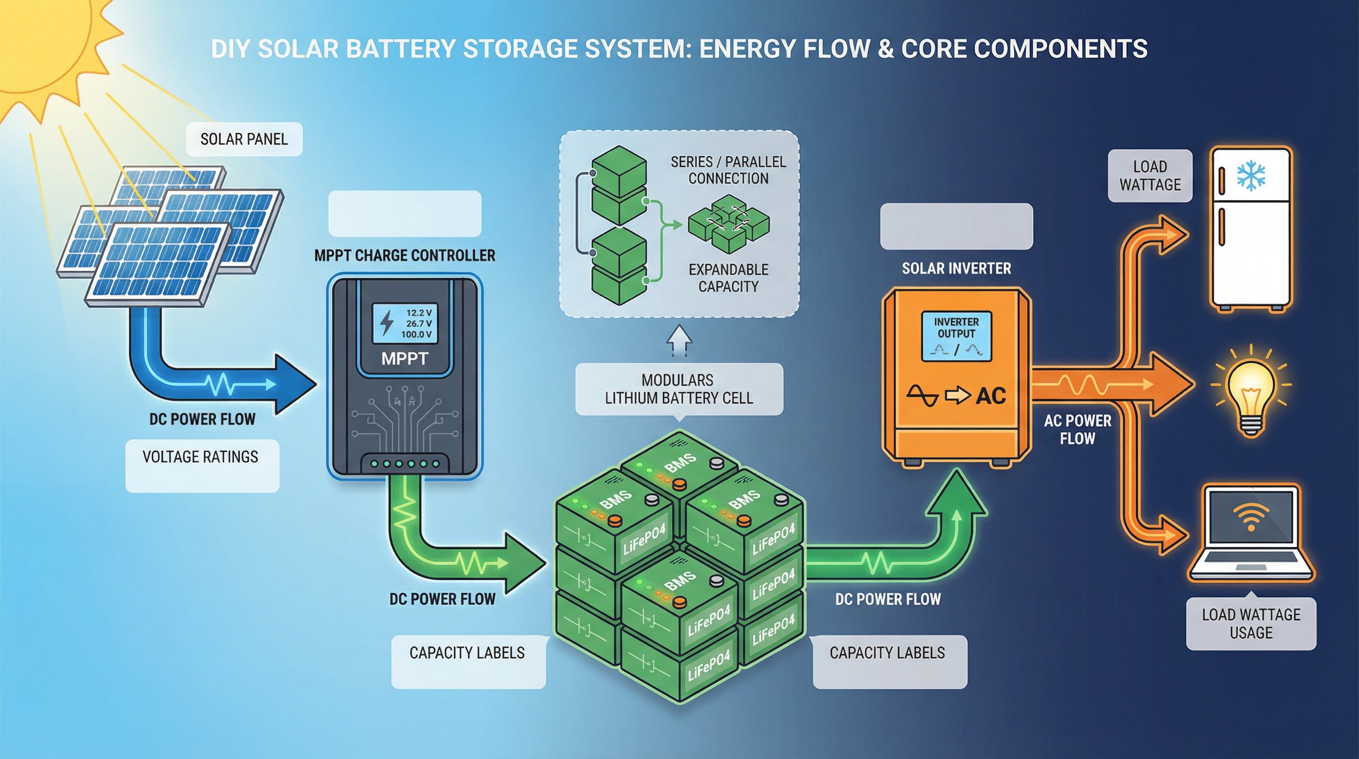 Diagram of DIY solar battery storage system components and energy flow path.