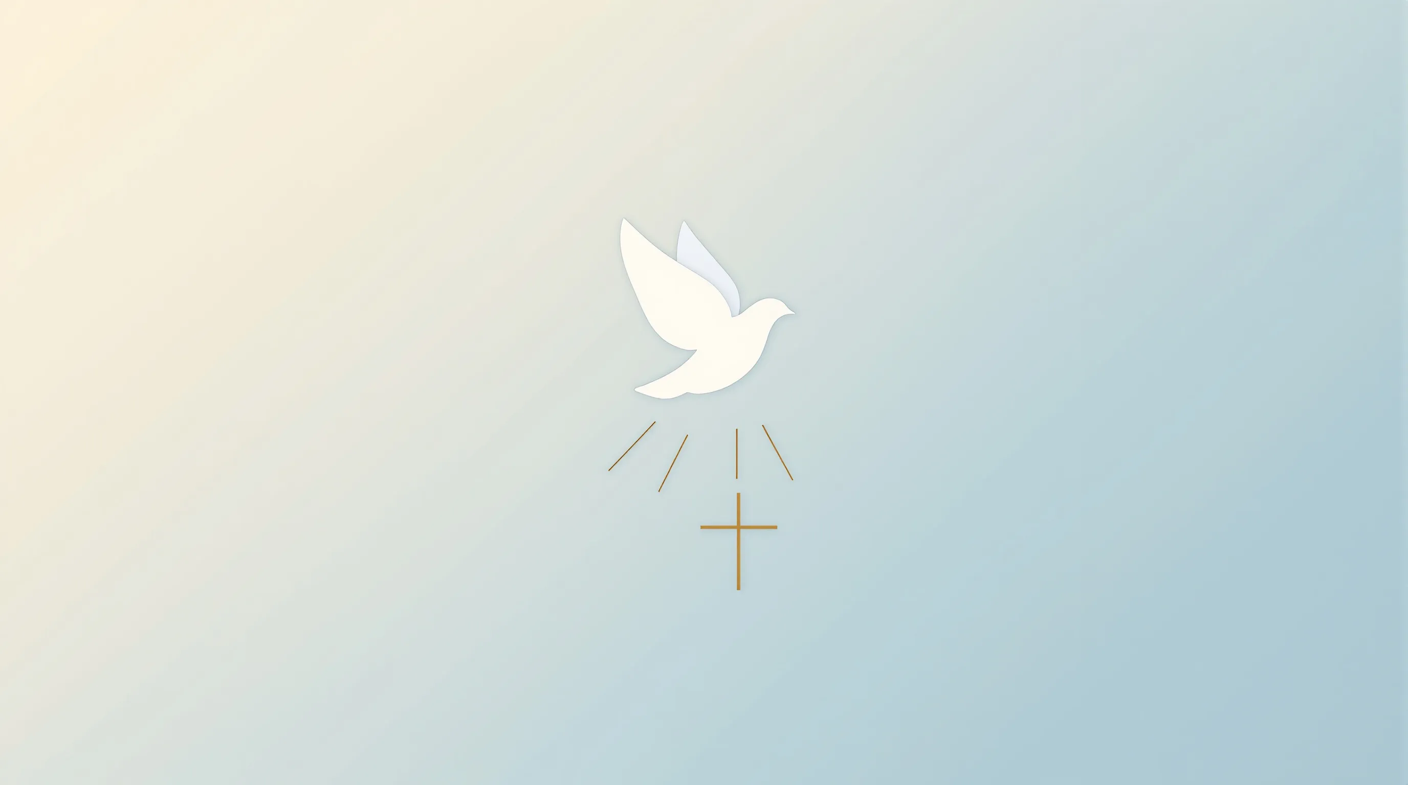 White dove descending toward a golden cross on a soft blue gradient background.