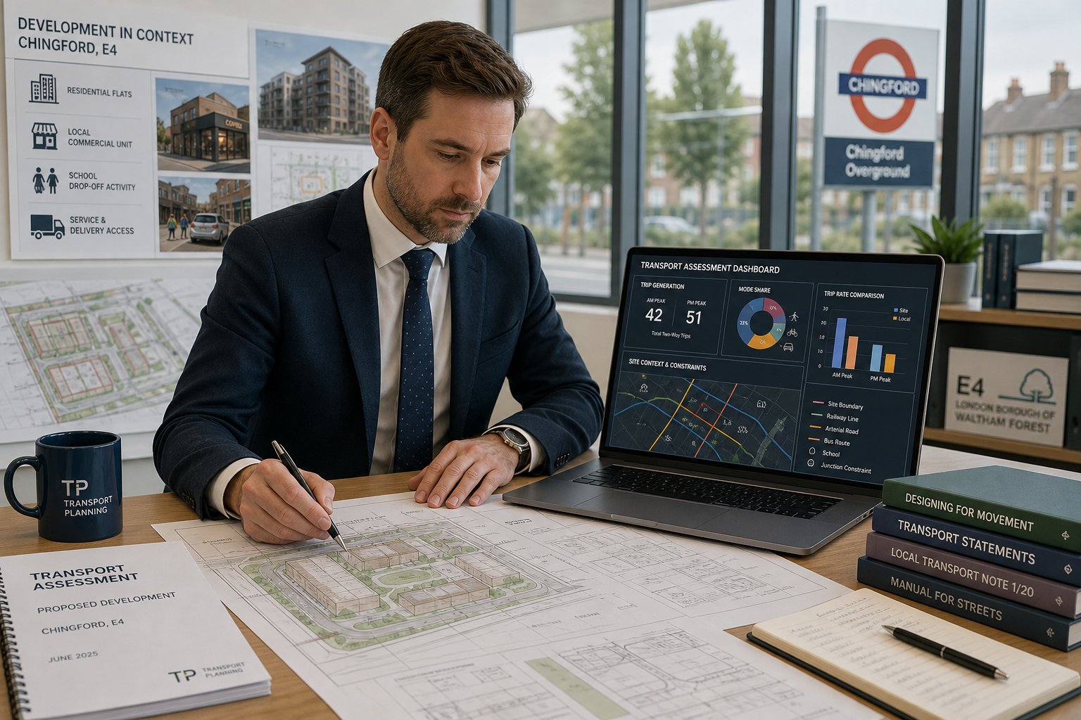Traffic engineer reviewing transport plans and development impacts in a modern office.