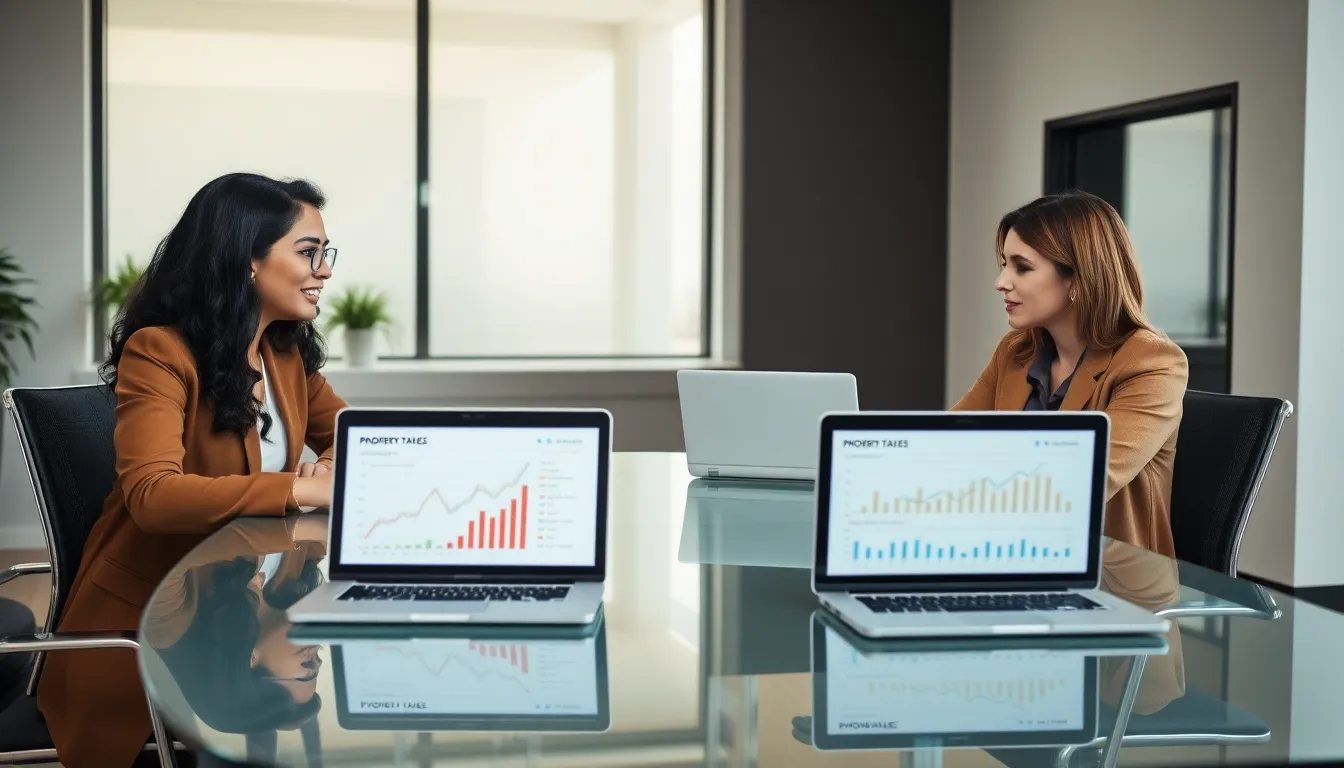 professionals discussing property taxes in a modern office.