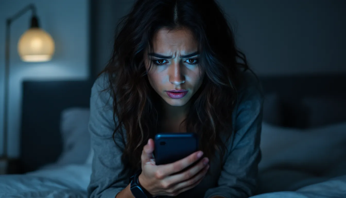 Woman lying awake at night anxiously checking her smartwatch sleep tracker.
