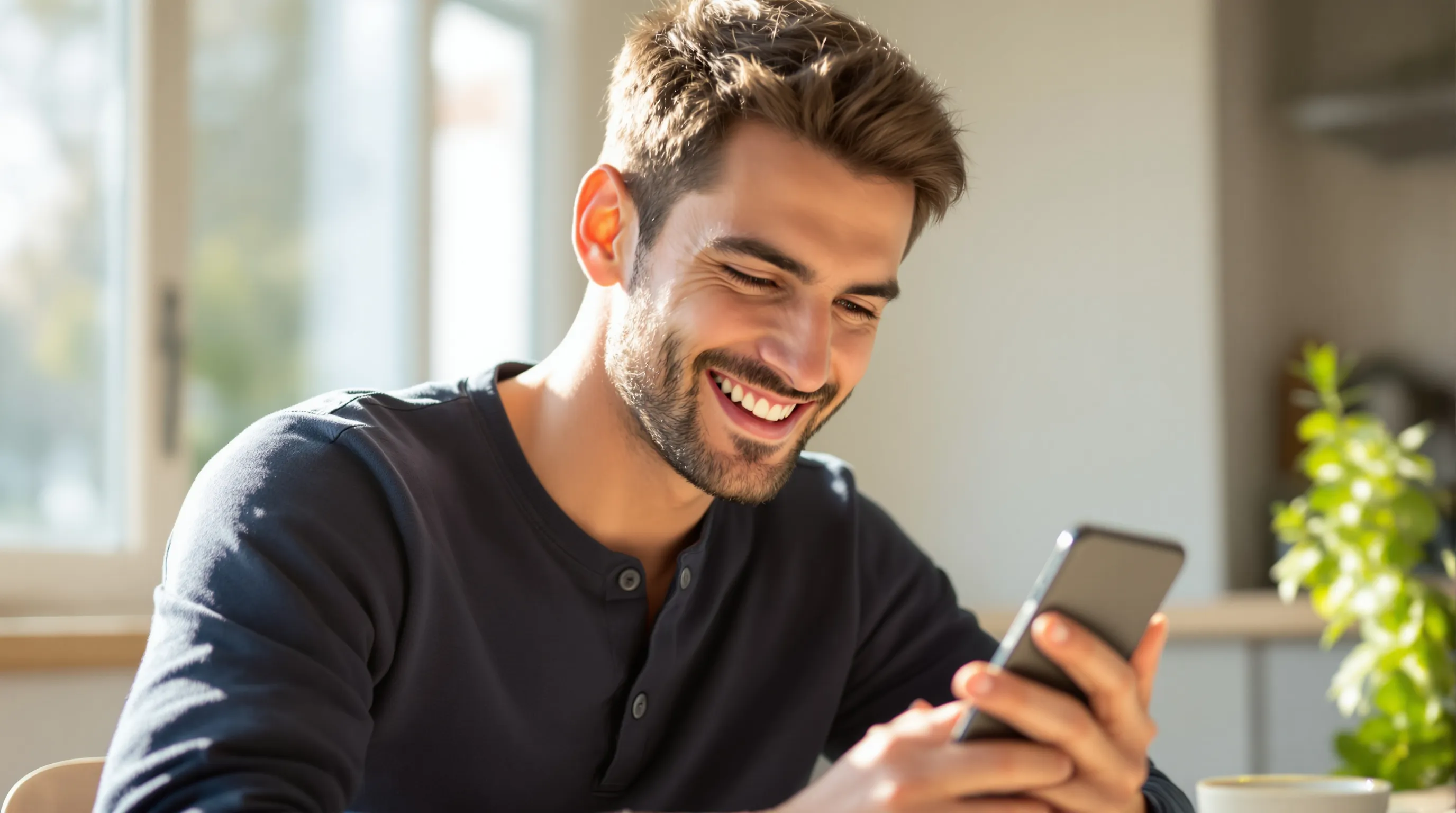 Young man smiling while reading a sweet morning message on his smartphone.