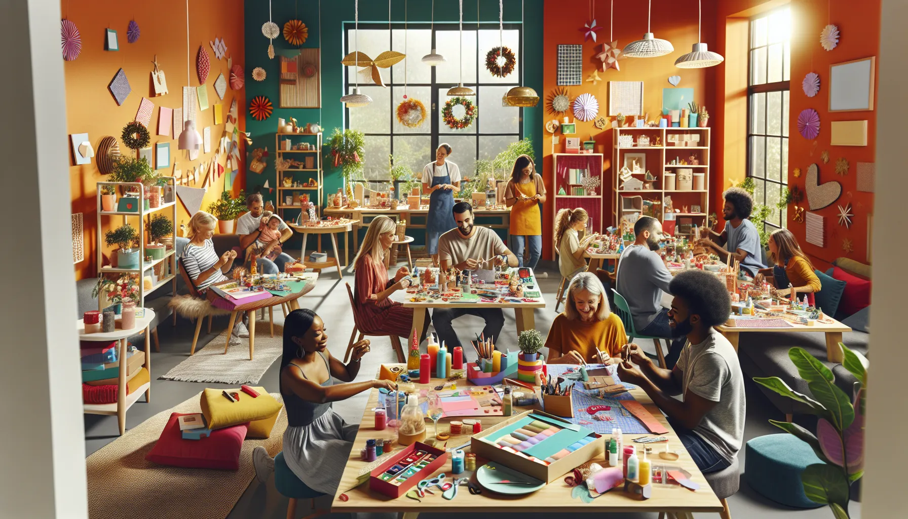diverse group crafting together at a lively party setting.
