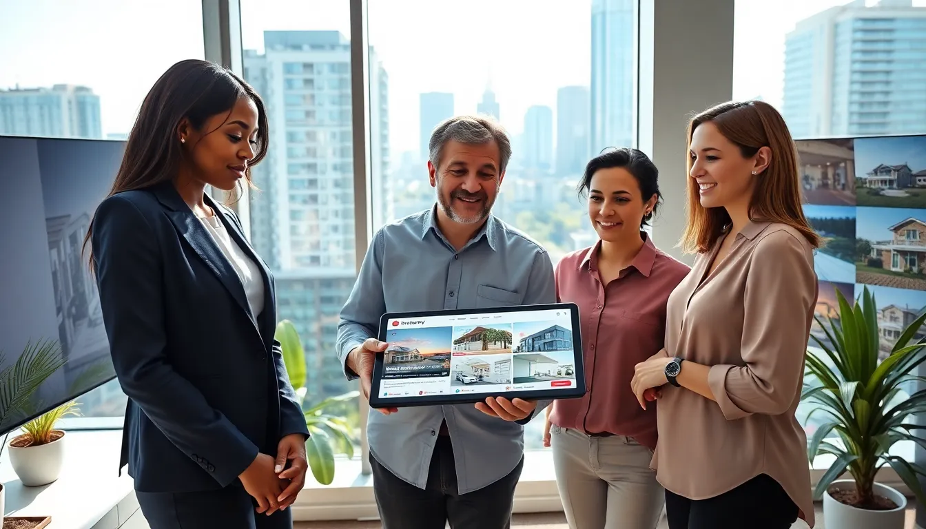 a diverse team of realtors discussing property listings in a modern office.