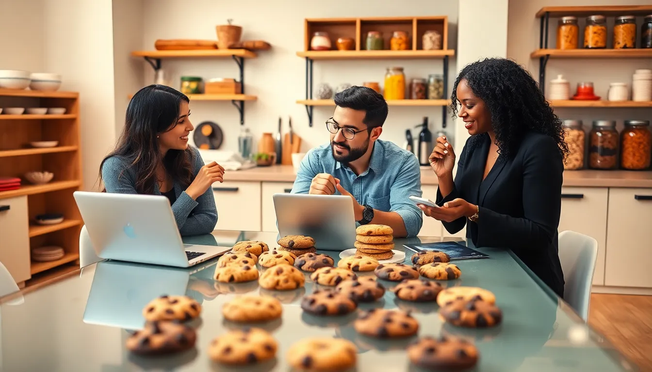 professionals discussing a variety of cookies in a modern workspace.