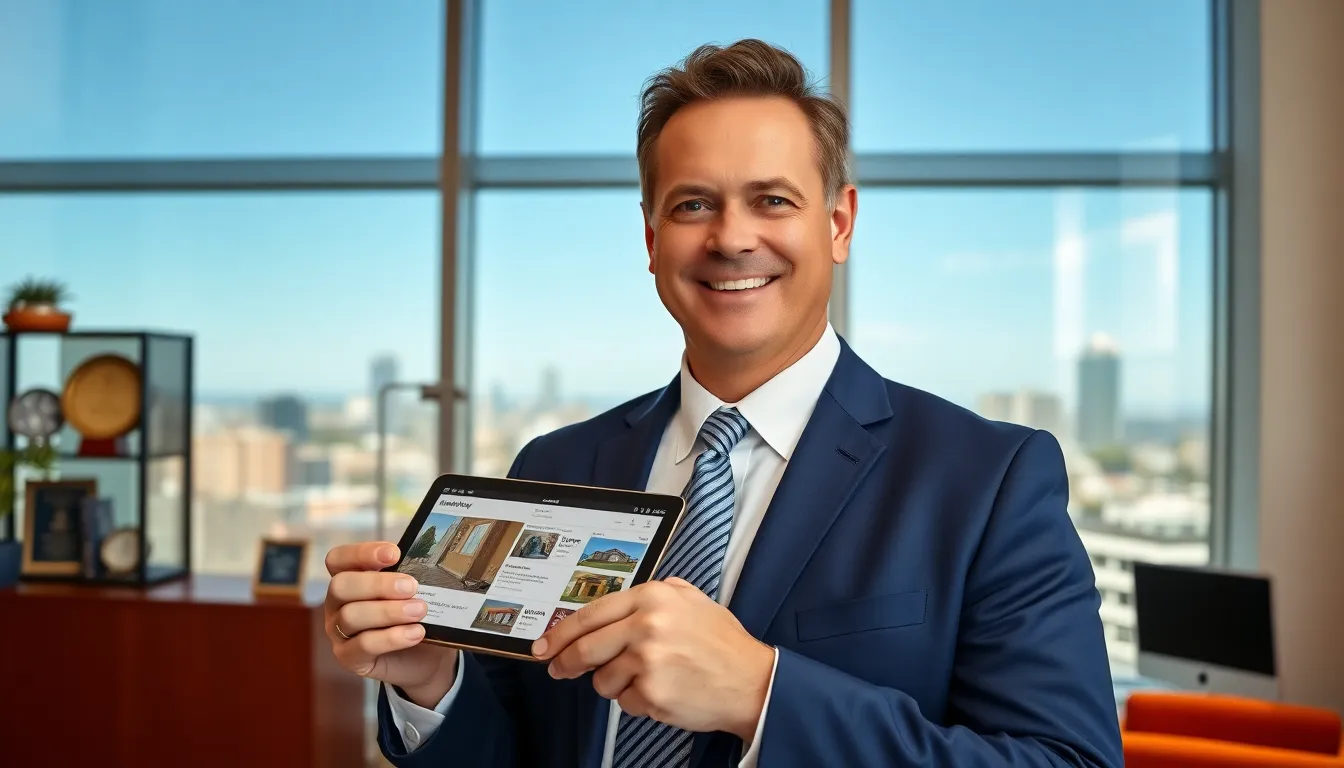 Timothy, a real estate agent, stands in a modern office with a tablet.