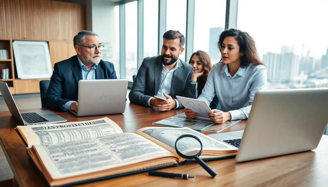 professionals discussing Nostradamus predictions in a modern office setting.