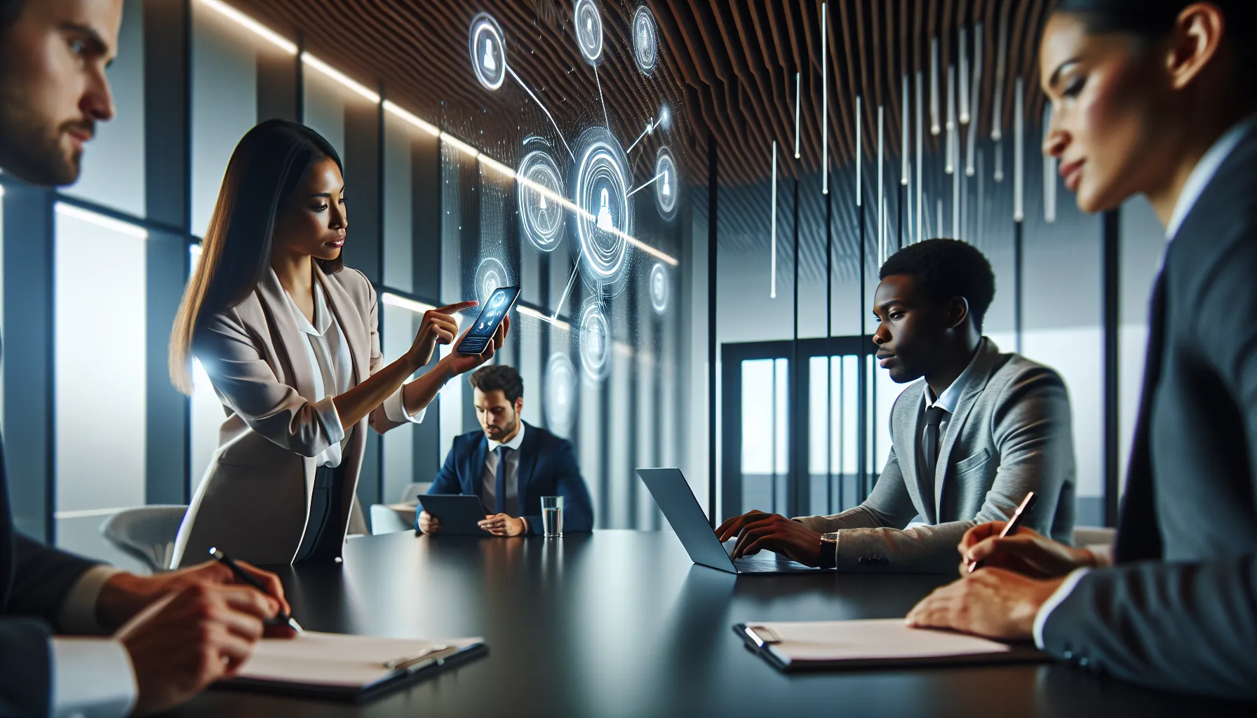 diverse team discussing smartphone privacy features in a modern office.