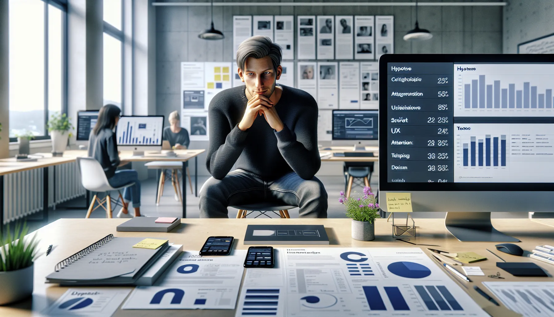 Norwegian designer comparing a/b prototypes and research results on office monitors.