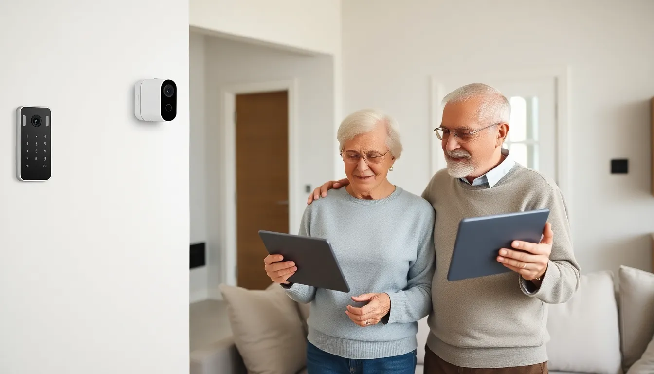 elderly couple using smart home safety devices in a cozy living room.