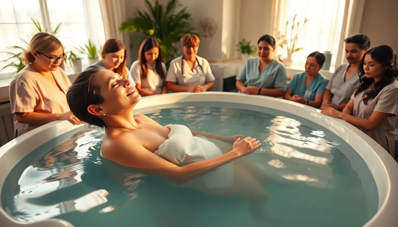 birthing person in water birth tub with supportive healthcare team.