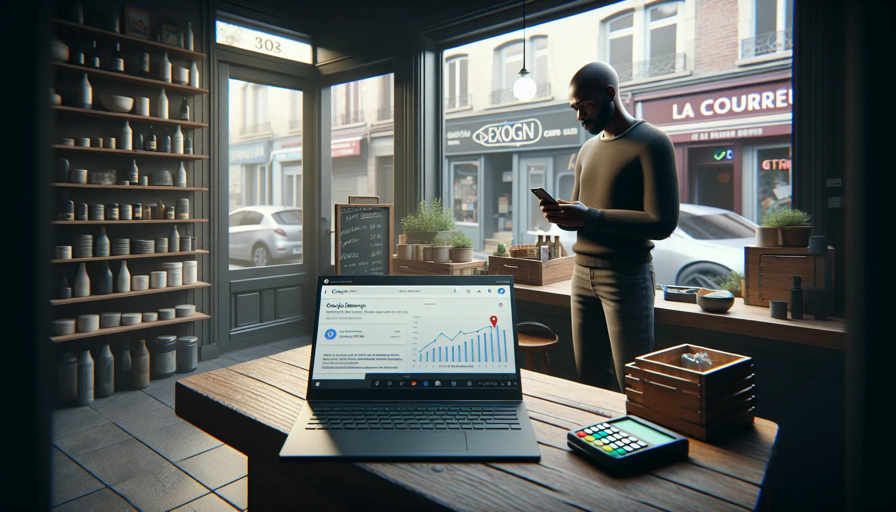 Local shop owner in La Courneuve checking strong Google local search results.