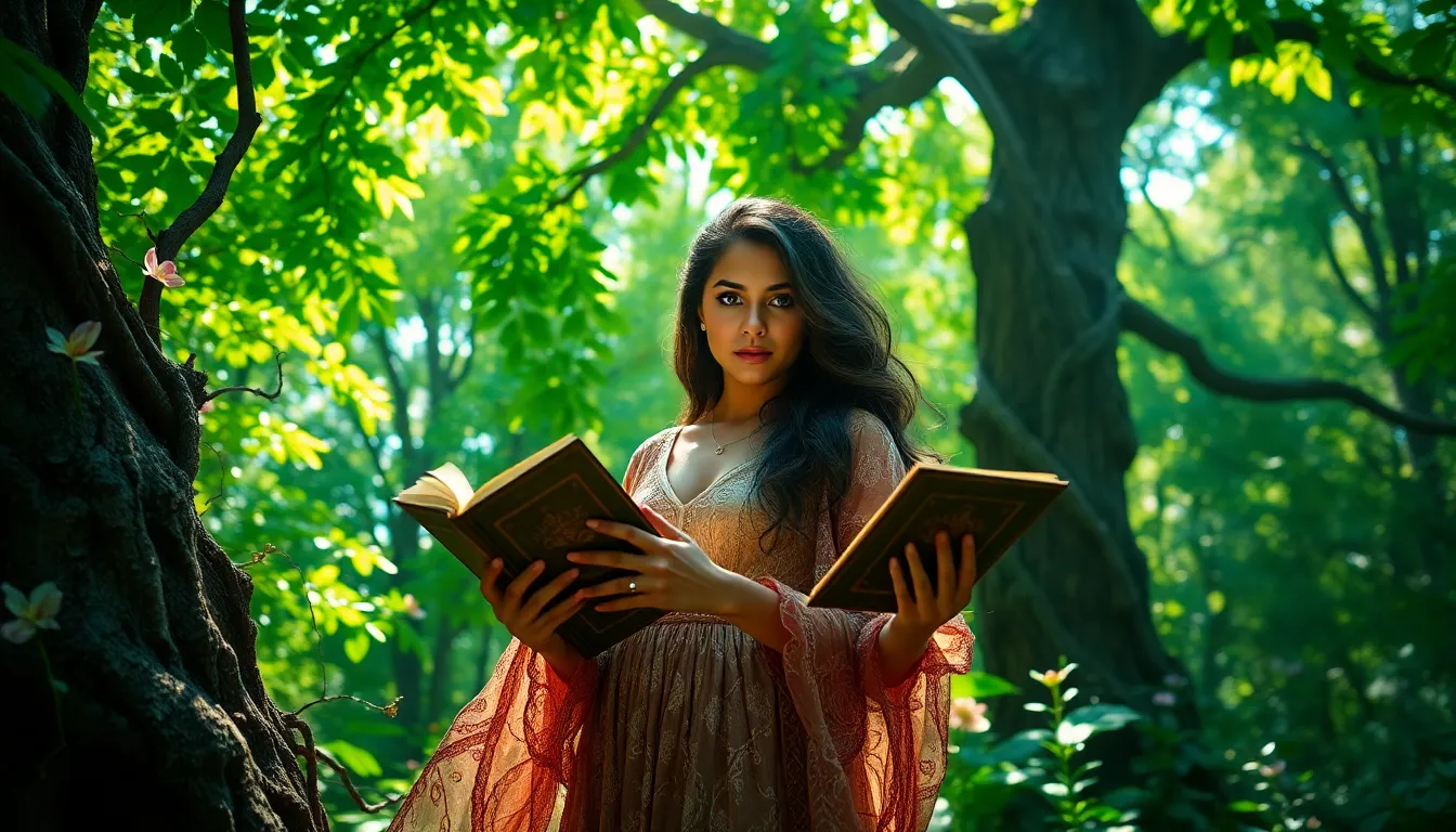 Aina in an enchanted forest, holding a glowing book.