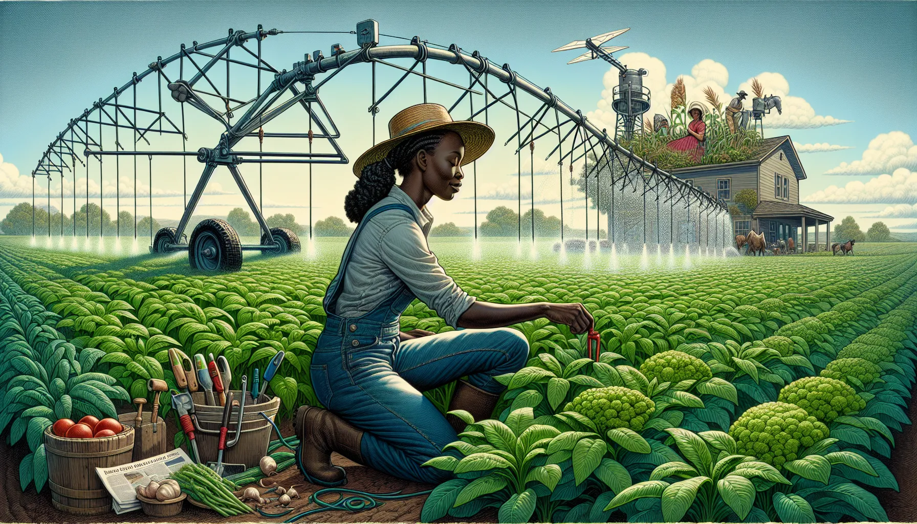 A farmer inspects a drought-resistant crop field with precision irrigation systems.