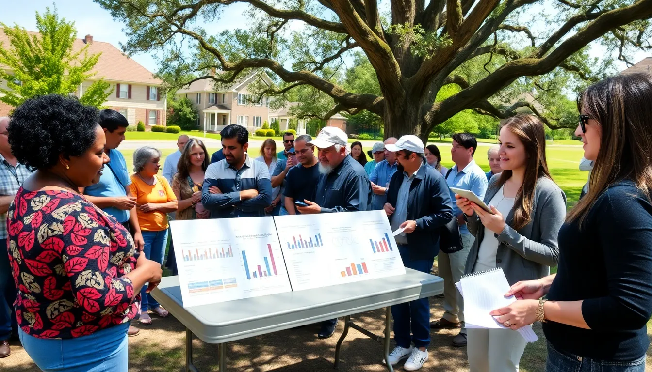 community members discussing energy needs at an outdoor meeting.