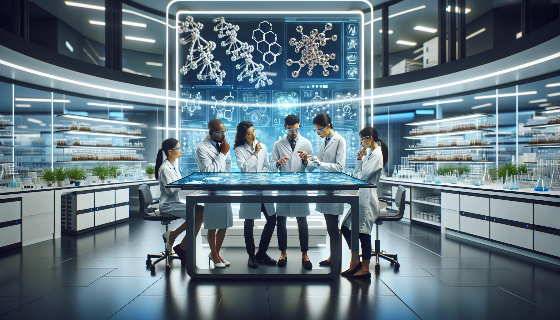diverse team discussing drug research in a modern lab.