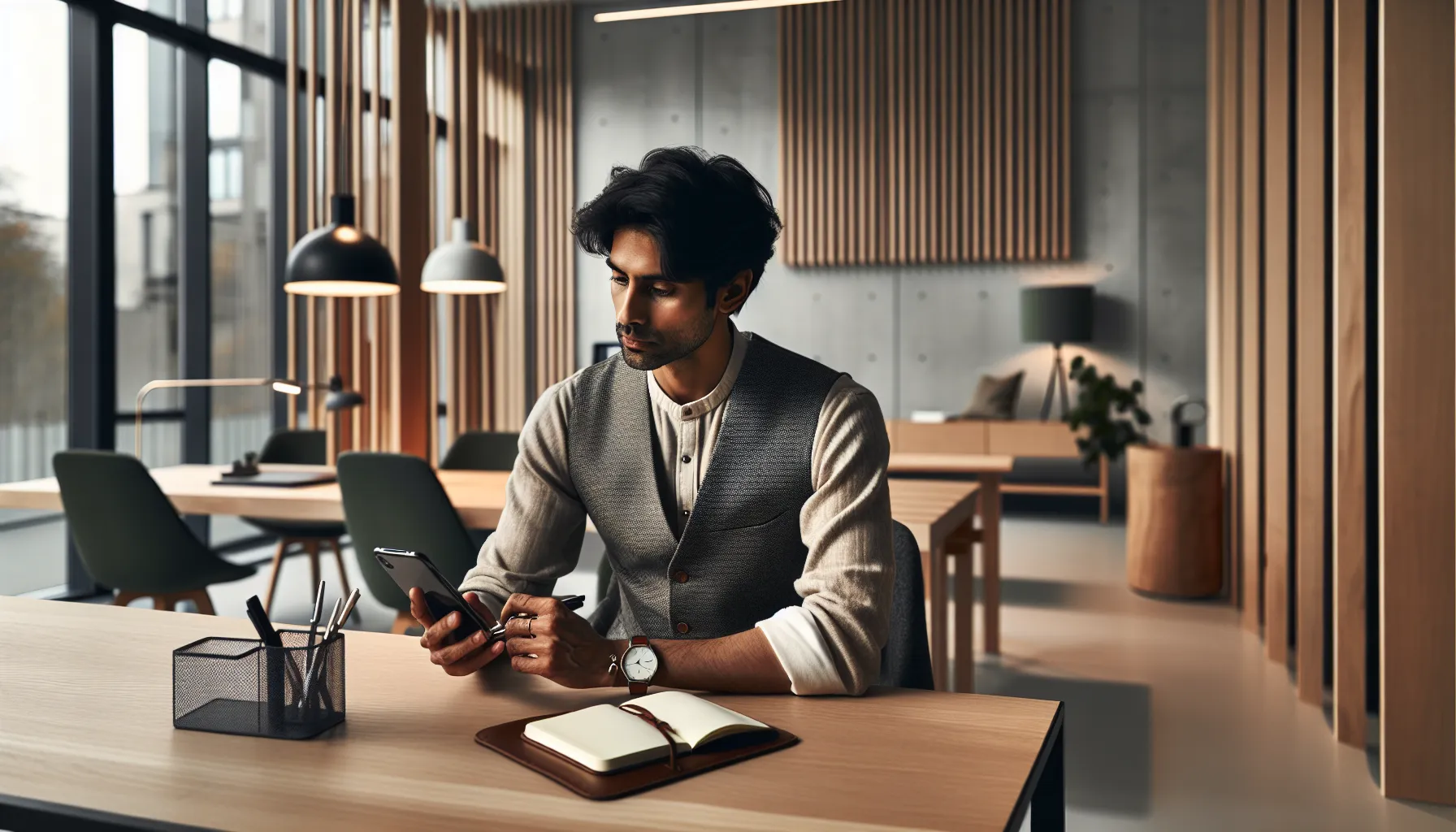 Professional handling of an unknown call in a modern office.