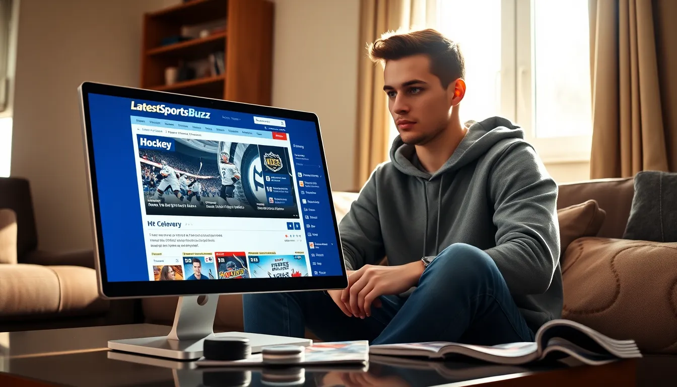 A young man checking hockey scores on the LatestSportsBuzz website.
