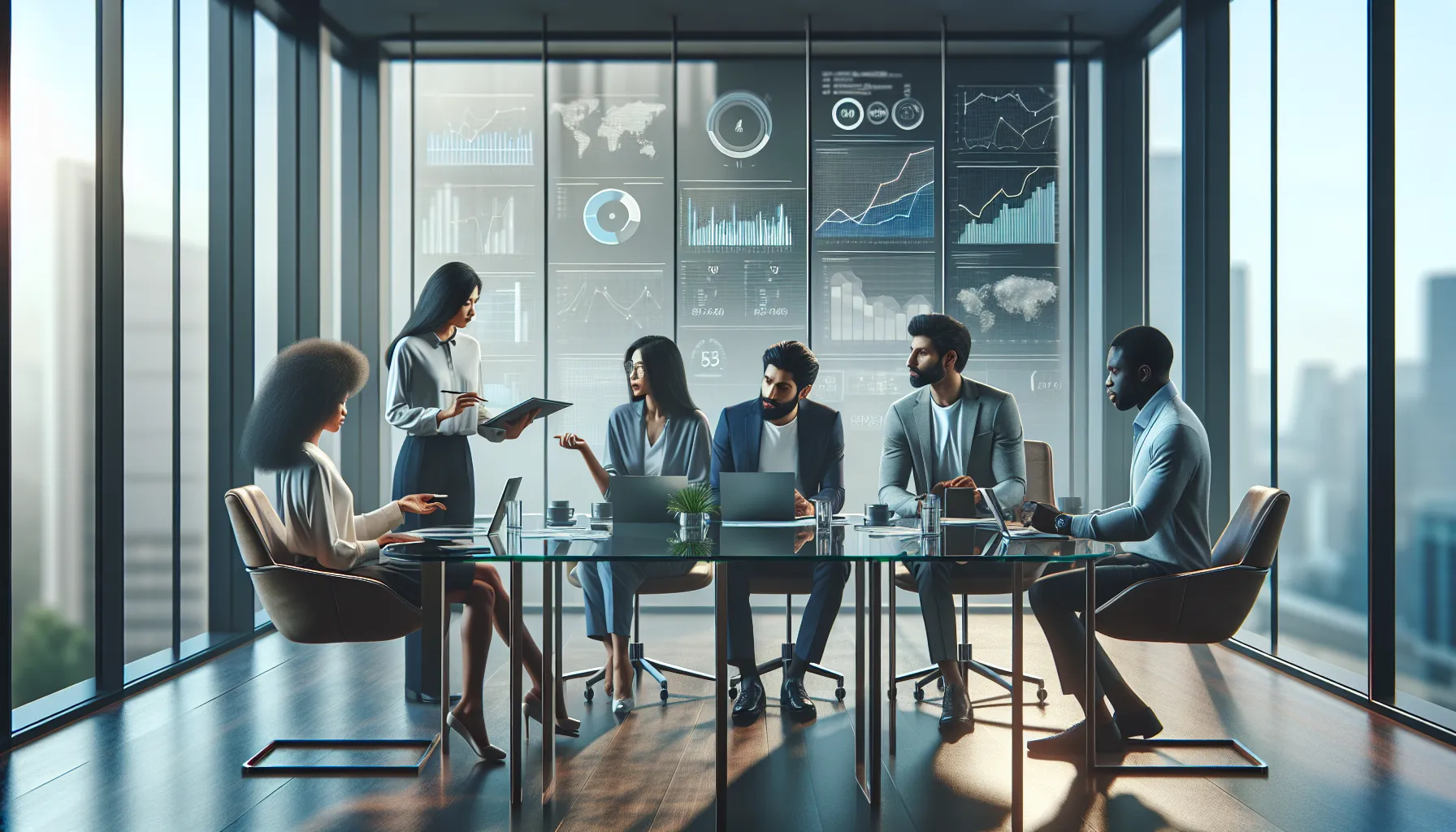 diverse professionals collaborating in a modern office on data trends.