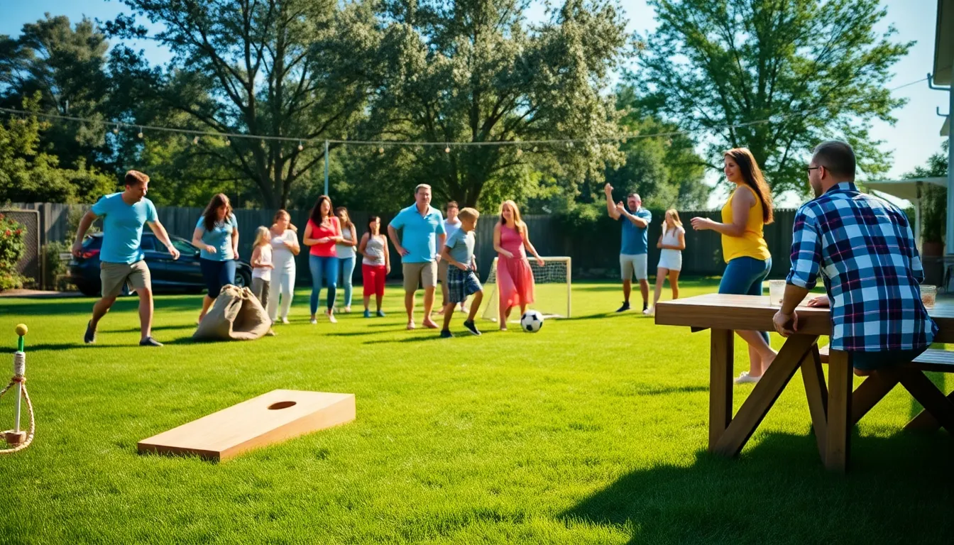 family enjoying outdoor games in a sunny backyard setting.