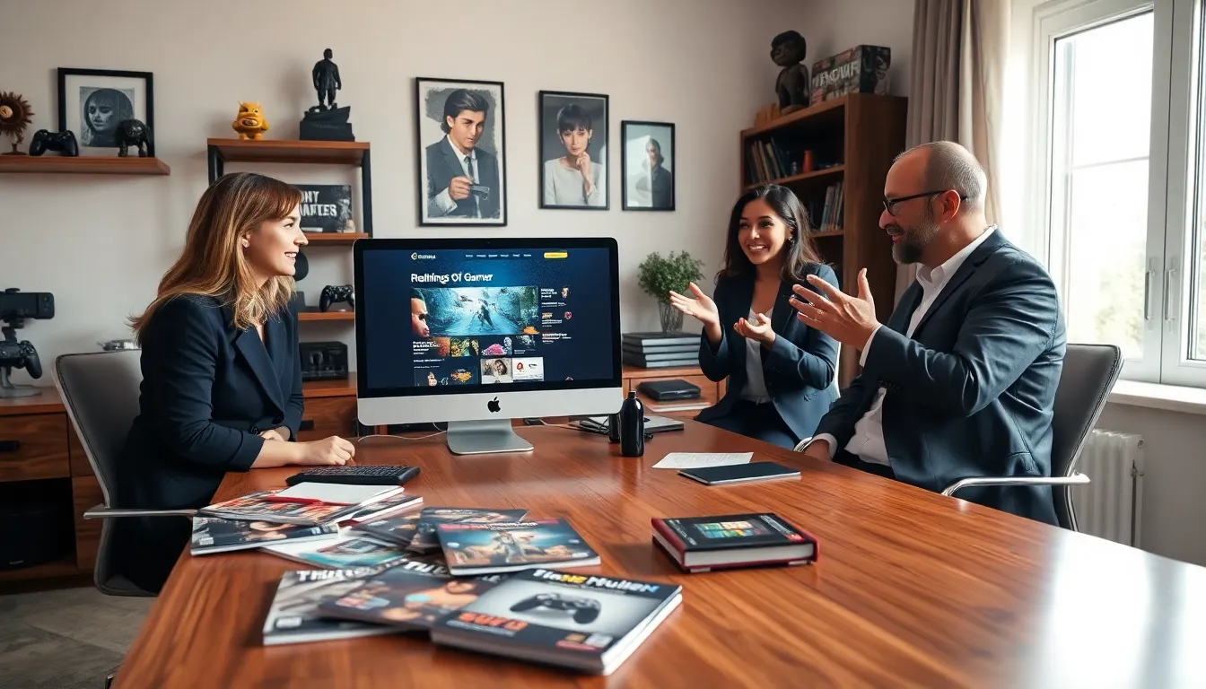 diverse group discussing gaming in a stylish home office.