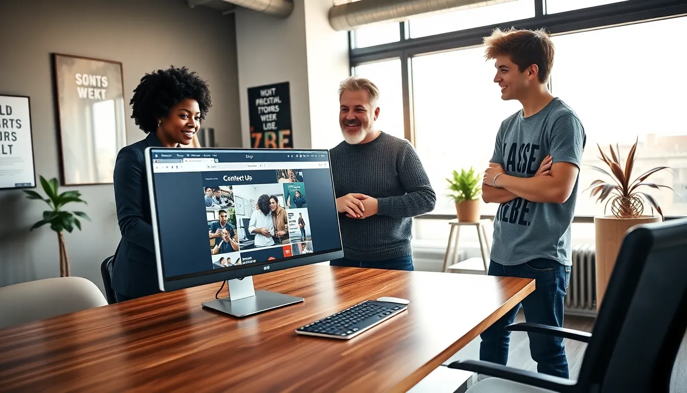 diverse team discussing the LatestSportsBuzz contact us page in a modern office.