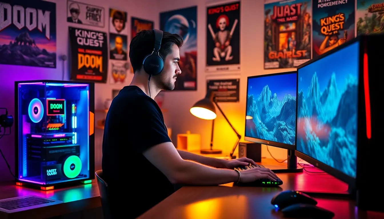 a gamer playing on a high-tech PC setup with retro game memorabilia.