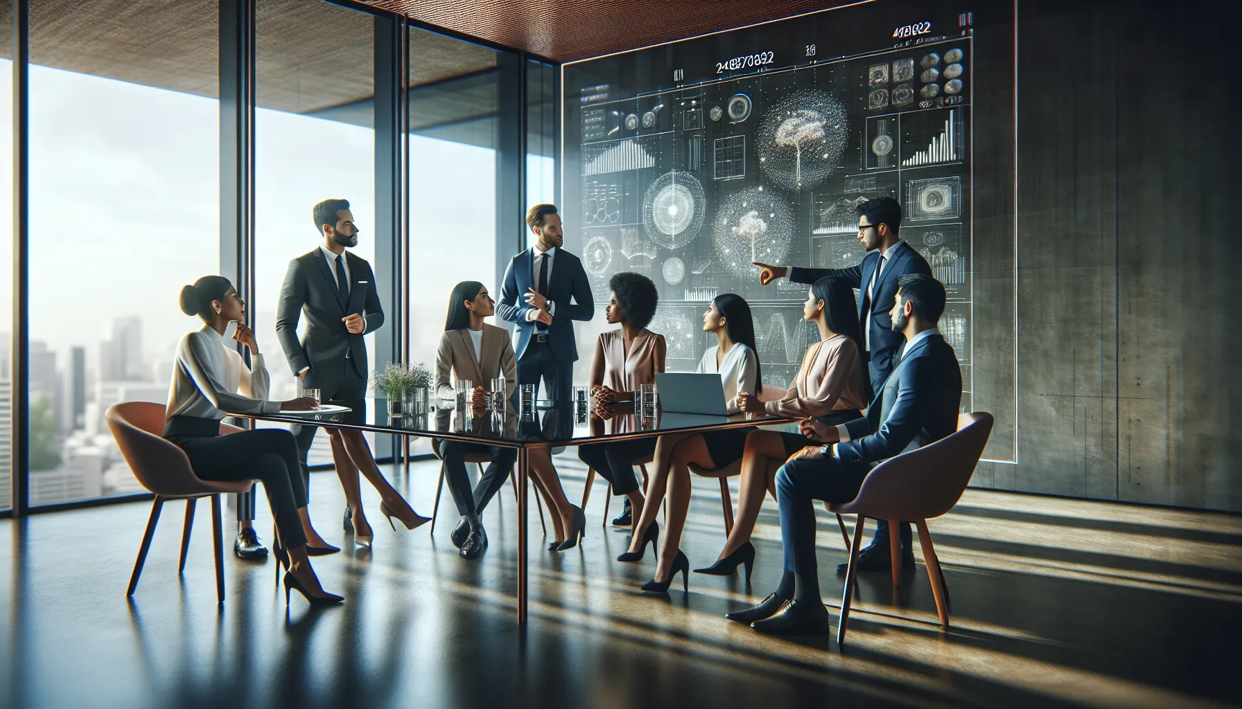 diverse professionals discussing data in a modern office setting.