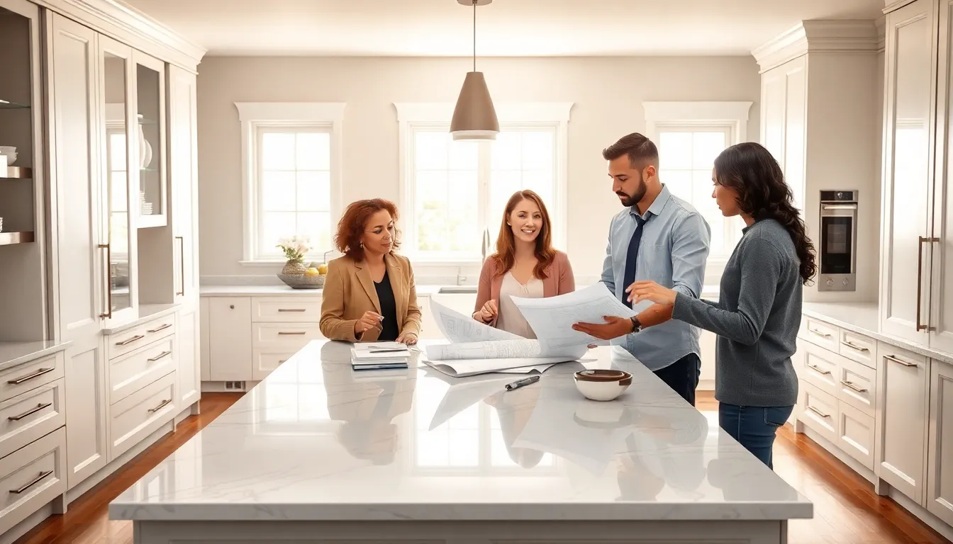 professionals collaborating in a modern kitchen setting.